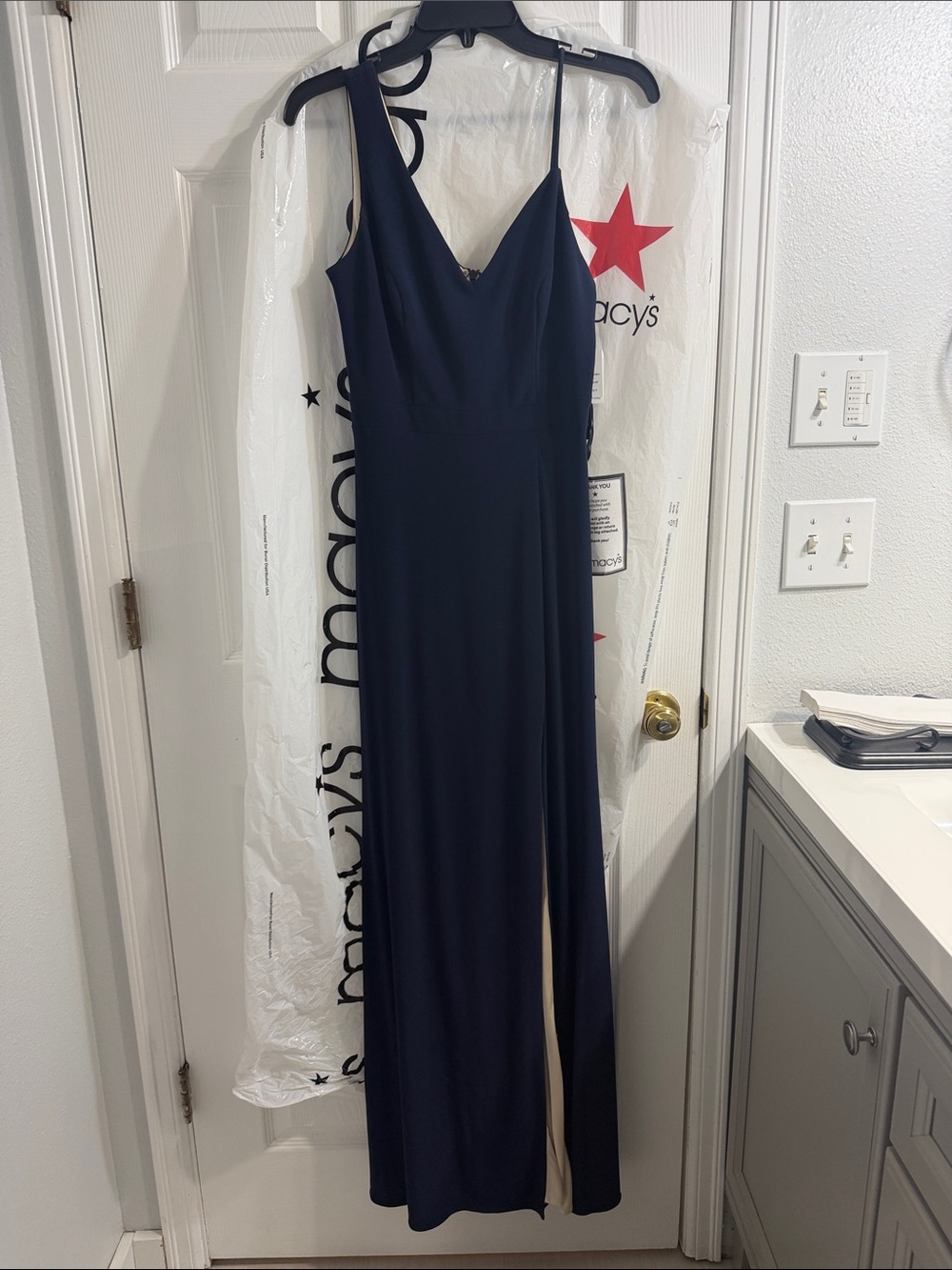 Xscape Navy One-Shoulder Evening Gown